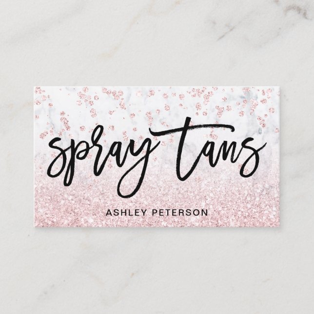 Spray tans rose gold glitter marble confetti business card (Front)