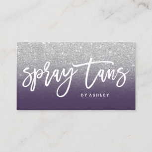 Spray tans typography silver glitter purple business card