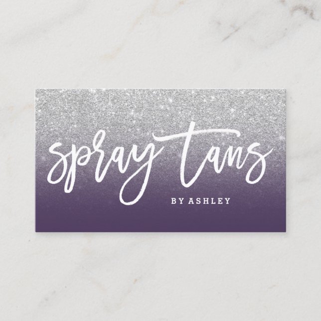 Spray tans typography silver glitter purple business card (Front)