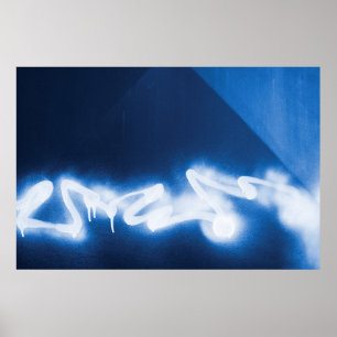 Sprayed graffiti on blue metal poster