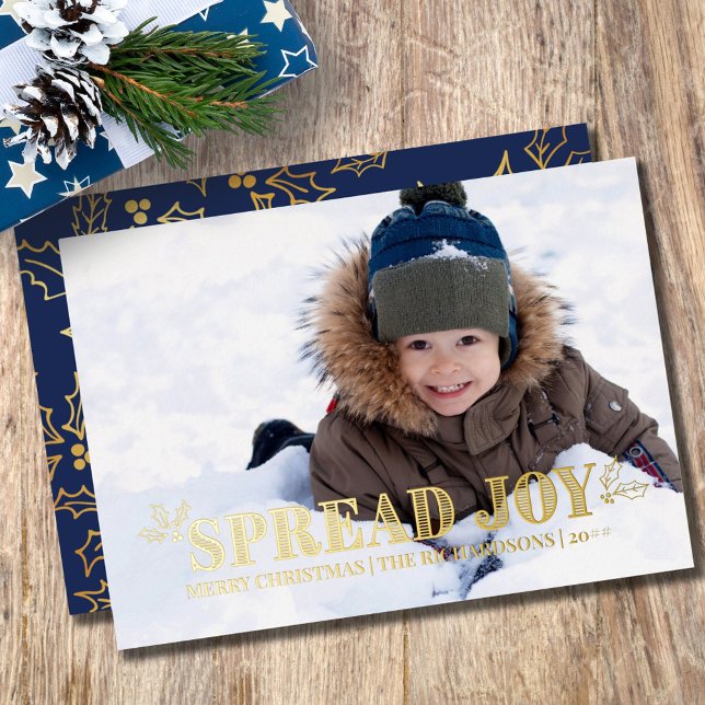 Spread Joy Landscape Photo Holly Blue and Gold Foil Holiday Card (Creator Uploaded)
