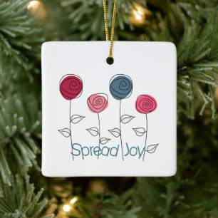 Spread Joy Pink Blue Flowers Ceramic Ornament