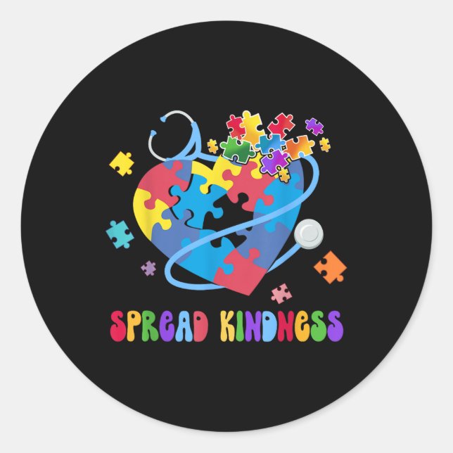Spread Kindness Autism Awareness Stethoscope Heart Classic Round Sticker (Front)
