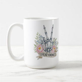 "Spread Kindness" Skeleton Peace Sign – Watercolor Coffee Mug