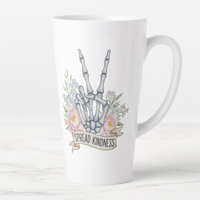 "Spread Kindness" Skeleton Peace Sign – Watercolor Latte Mug (Right)