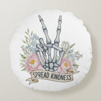 "Spread Kindness" Skeleton Peace Sign – Watercolor Round Cushion