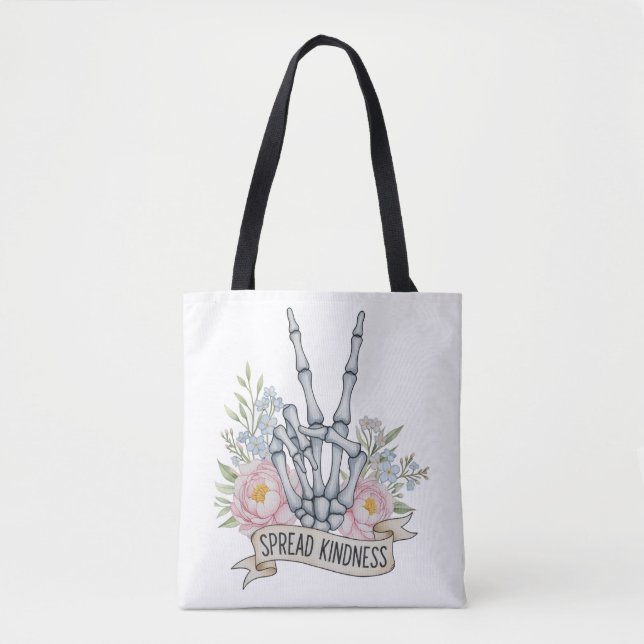 "Spread Kindness" Skeleton Peace Sign – Watercolor Tote Bag (Front)
