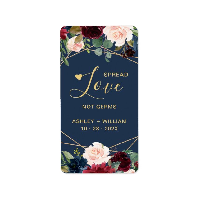Spread Love Burgundy Navy Floral Hand Sanitizer Label (Front)