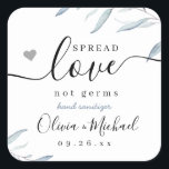 Spread Love Dusty Blue Greenery Wedding Favour Square Sticker<br><div class="desc">Modern watercolor dusty blue greenery foliage spread love not germs design with couple's names and date,  simple and elegant,  great wedding favours for rustic wedding,  spring wedding and summer wedding. 
See all the matching pieces in collection</div>