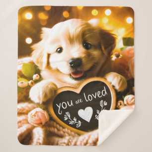 Spread Love: Golden Retriever with "You Are Loved" Sherpa Blanket