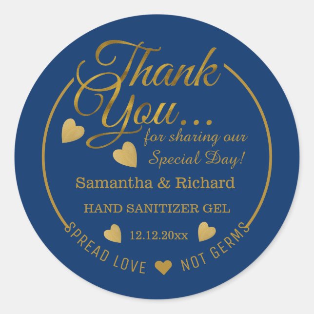 Spread Love Hand Sanitizer Blue Gold Thank You   Classic Round Sticker (Front)