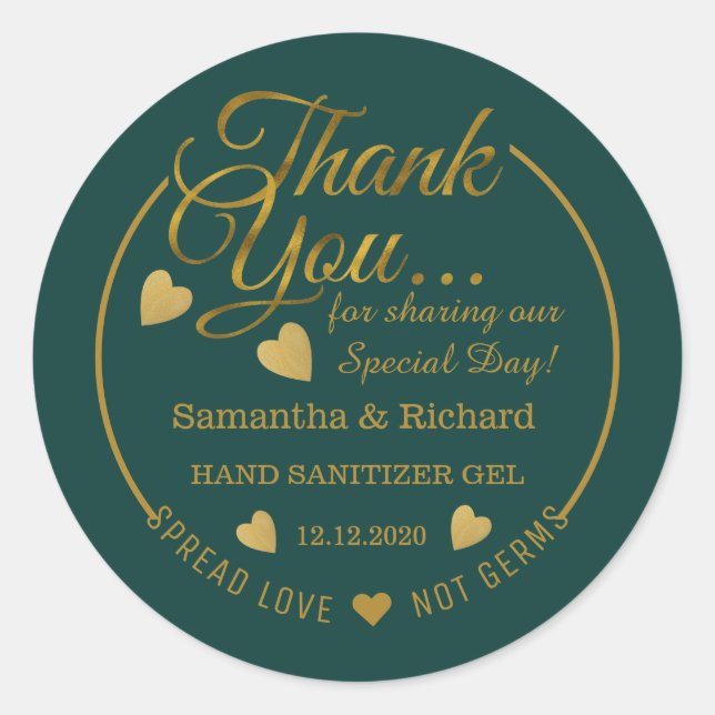 Spread Love Hand Sanitizer Green Gold Thank You   Classic Round Sticker (Front)