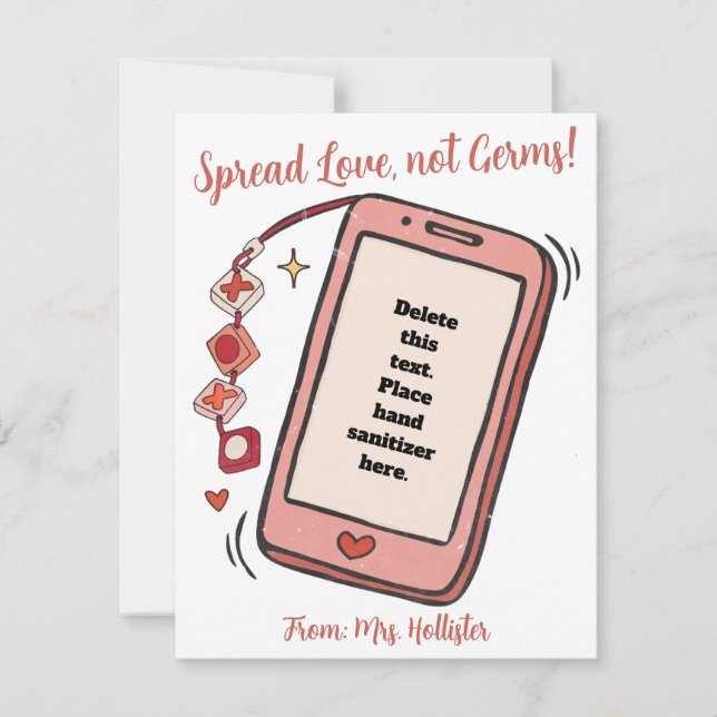 Spread Love Not Germs Valentines Hand Sanitizer  Card (Front)