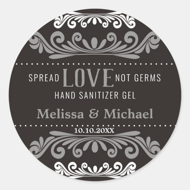Spread Love Wedding Hand Sanitizer Favours Grey Classic Round Sticker (Front)