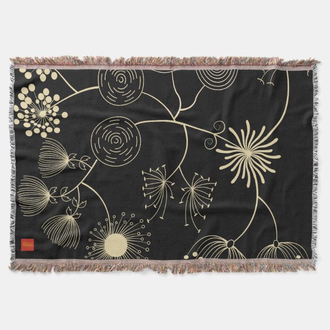 `Spread of Love` Golden Black Abstract Flowers Throw Blanket (Front)