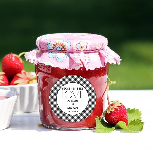 Spread The Love Black White Gingham Wedding Favour Classic Round Sticker (Spread The Love Black White Gingham Wedding Favor Classic Round Sticker Jam favor stickers)