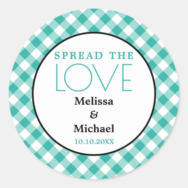 Spread The Love Green Gingham Wedding Favour Classic Round Sticker (Front)