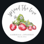 Spread The Love Strawberry Jam Wedding Favour Classic Round Sticker<br><div class="desc">Spread the Love with these simple yet modern labels for your strawberry jam wedding favours.
The sticker features a watercolor image of strawberries with the quote spread the love in dark grey typography.
Personalise with the bride and groom's names and wedding date.</div>