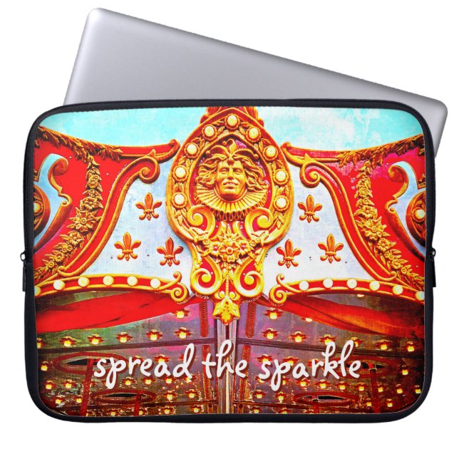 Spread the sparkle quote gold face on red carousel laptop sleeve (Front)