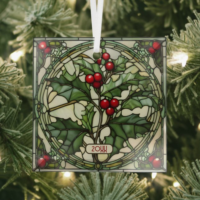 Sprig of Holly Stained Glass Christmas Ornament (Insitu)