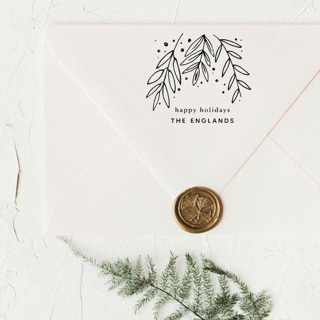 Sprigs Custom Holiday Rubber Stamp (Happy holidays botanical sprigs custom rubber stamp.)