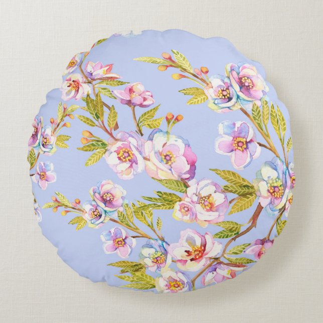 Sprigs of flowering apple or cherry trees on the b round cushion (Front)