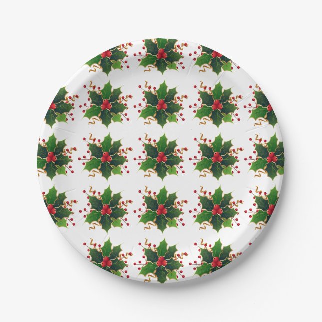 Sprigs of Holly  & Berries Christmas Paper Plates (Front)