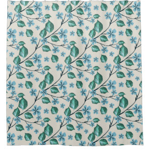 Sprigs with green leaves and blue flowers. shower curtain