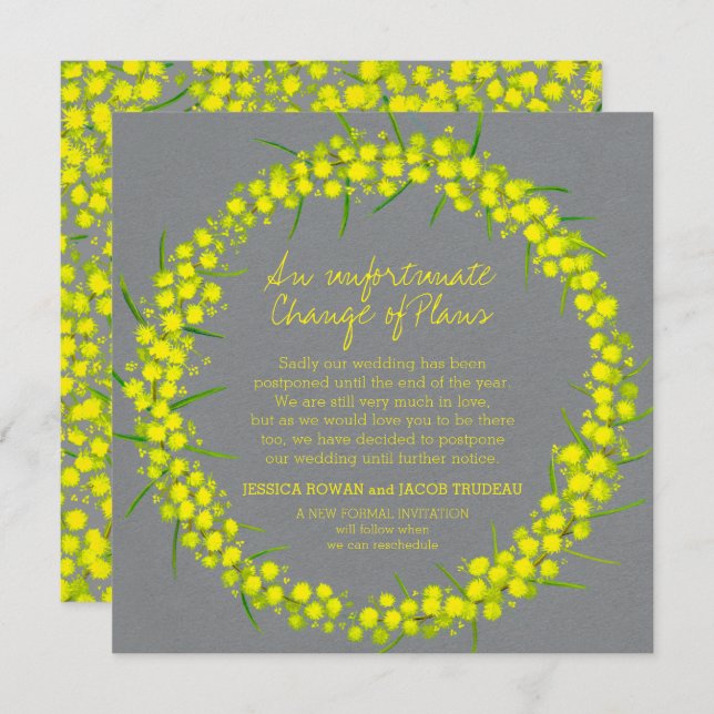 Spring acacia yellow grey flower wreath change invitation (Front/Back)