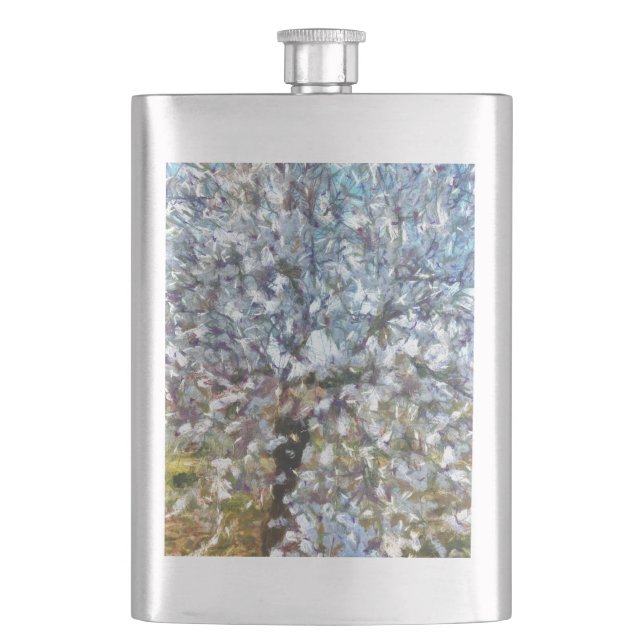 Spring Almond Blossom Pointillism Artwork Hip Flask (Front)