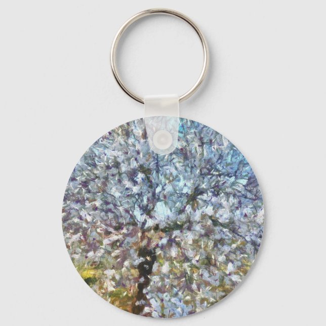 Spring Almond Blossom Pointillism Artwork Key Ring (Front)