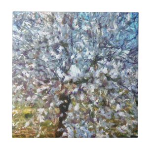 Spring Almond Blossom Pointillism Artwork Tile