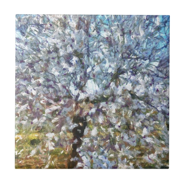 Spring Almond Blossom Pointillism Artwork Tile (Front)