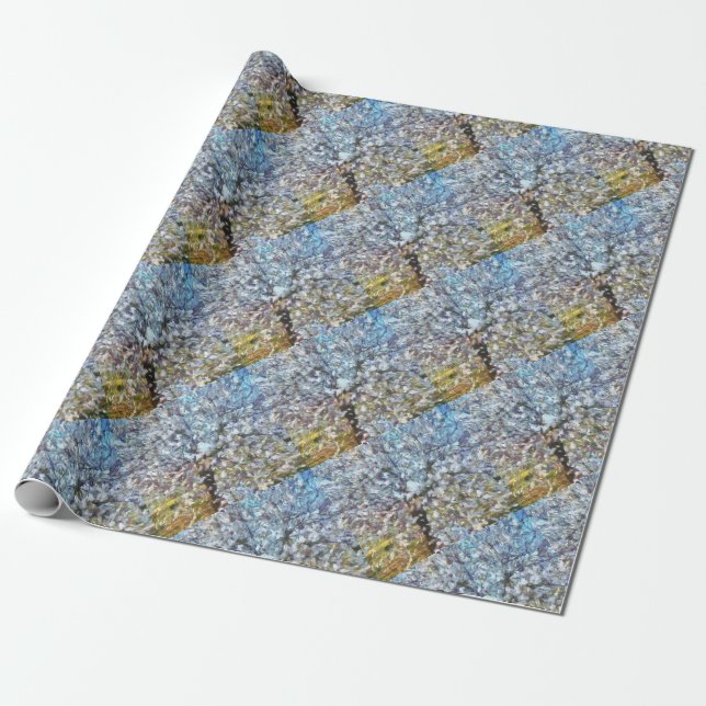 Spring Almond Blossom Pointillism Artwork Wrapping Paper (Unrolled)