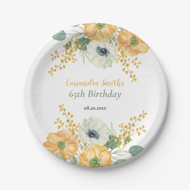 Spring  Anemone Flower Orange & White  Birthday  Paper Plate (Front)