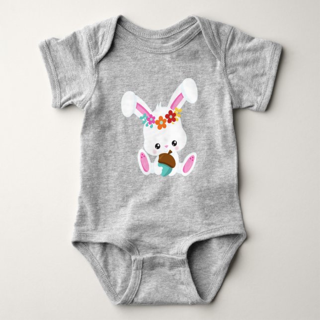 Spring Animals, Cute Bunny, Little Bunny, Flowers Baby Bodysuit (Front)
