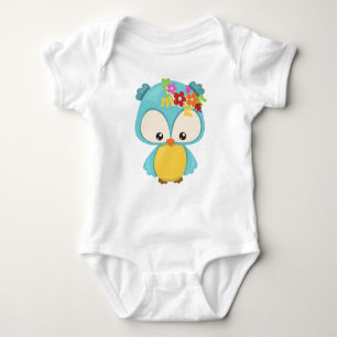 Spring Animals, Cute Owl, Little Owl, Flowers Baby Bodysuit
