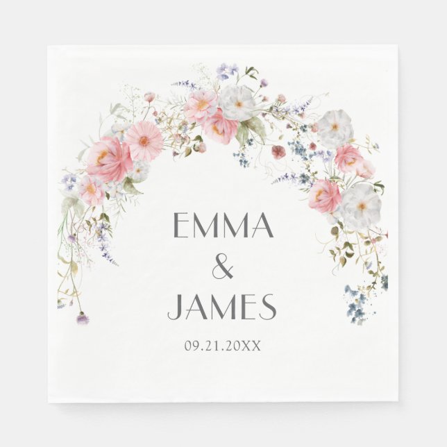 Spring Arch Wildflowers Pink White Wedding Napkin (Front)