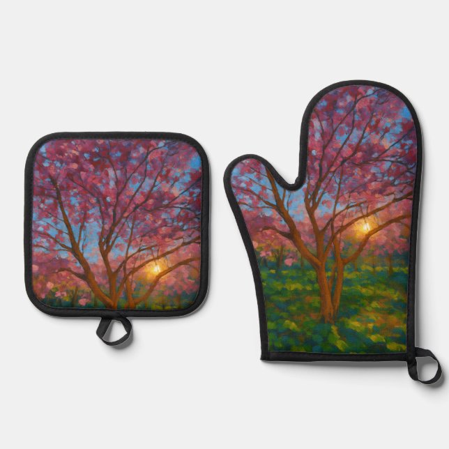 Spring Awakening – Blooming Tree Landscape Oven Mitt & Pot Holder Set (Front)
