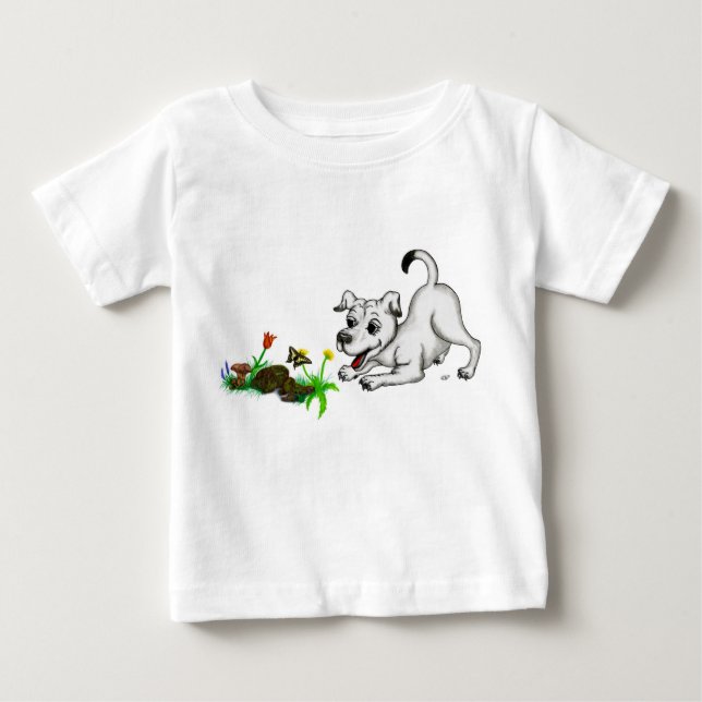 Spring Awakening, Puppy with Flowers and Butterfly Baby T-Shirt (Front)