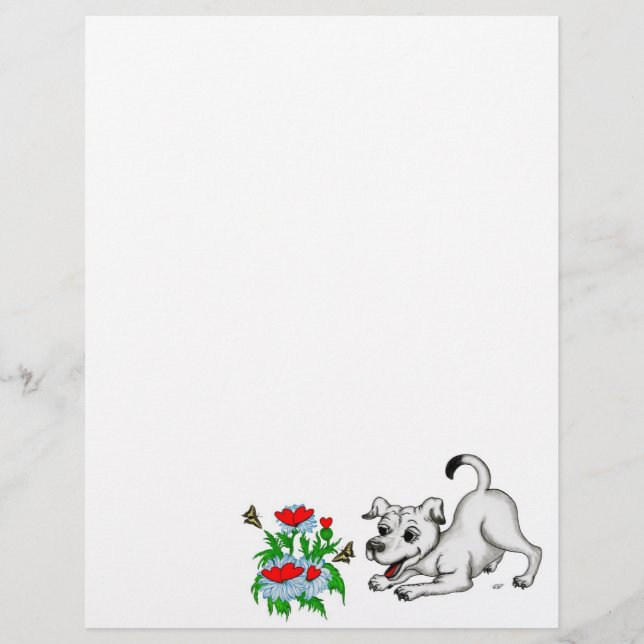 Spring Awakening, Puppy with Flowers and Butterfly Custom Letterhead (Front)