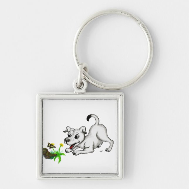Spring Awakening, Puppy with Flowers and Butterfly Key Ring (Front)