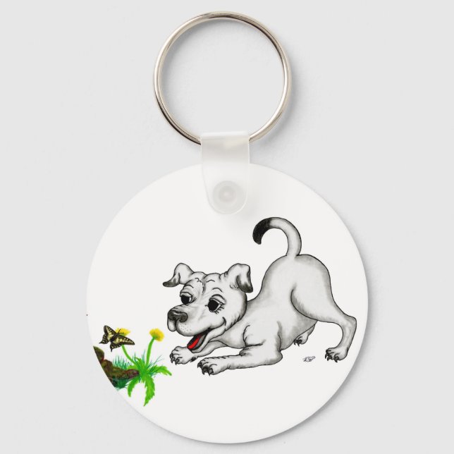 Spring Awakening, Puppy with Flowers and Butterfly Key Ring (Front)