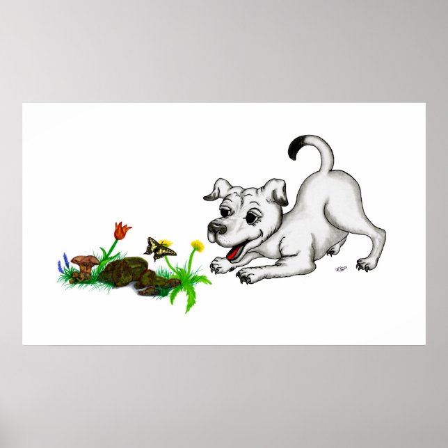 Spring Awakening, Puppy with Flowers and Butterfly Poster (Front)