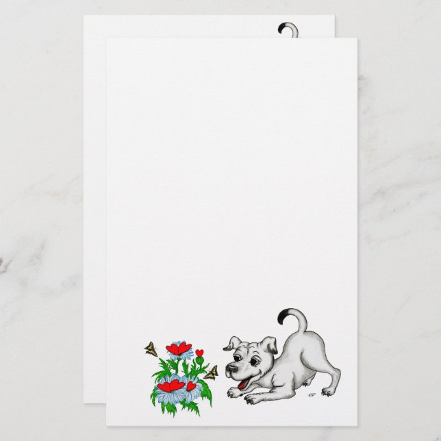 Spring Awakening, Puppy with Flowers and Butterfly Stationery (Front/Back)