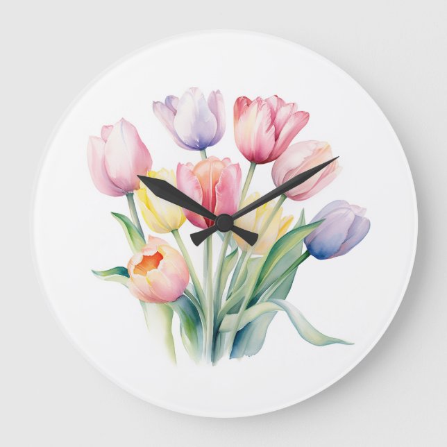Spring Awakening - Watercolor Tulips  Large Clock (Front)