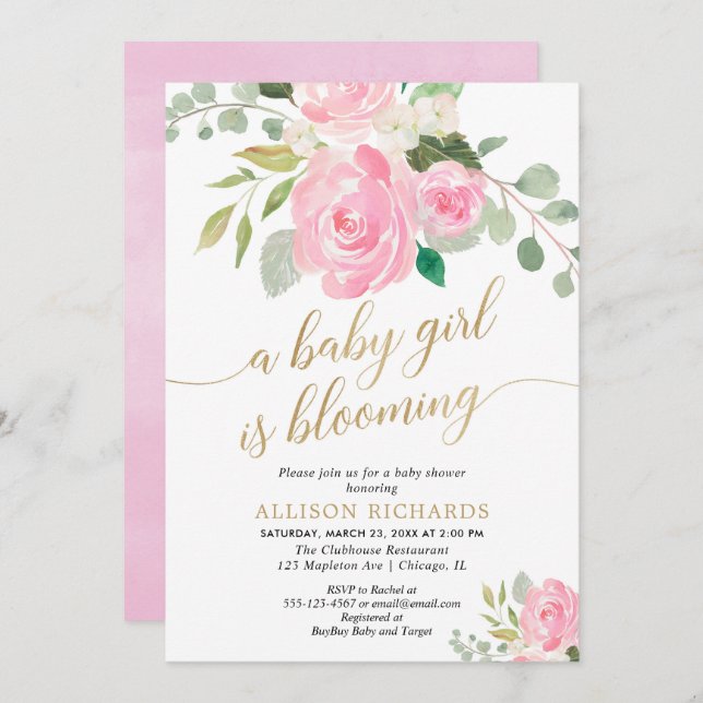 Spring baby girl is blooming pink gold girl shower invitation (Front/Back)