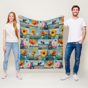 Spring Bees and Wildflowers Patchwork Fleece Blanket