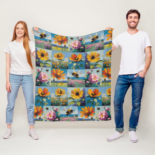 Spring Bees and Wildflowers Patchwork Fleece Blanket (In Situ)