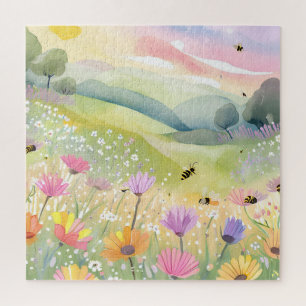 Spring Bees Flower Fields   Floral Colorful Nature Jigsaw Puzzle
